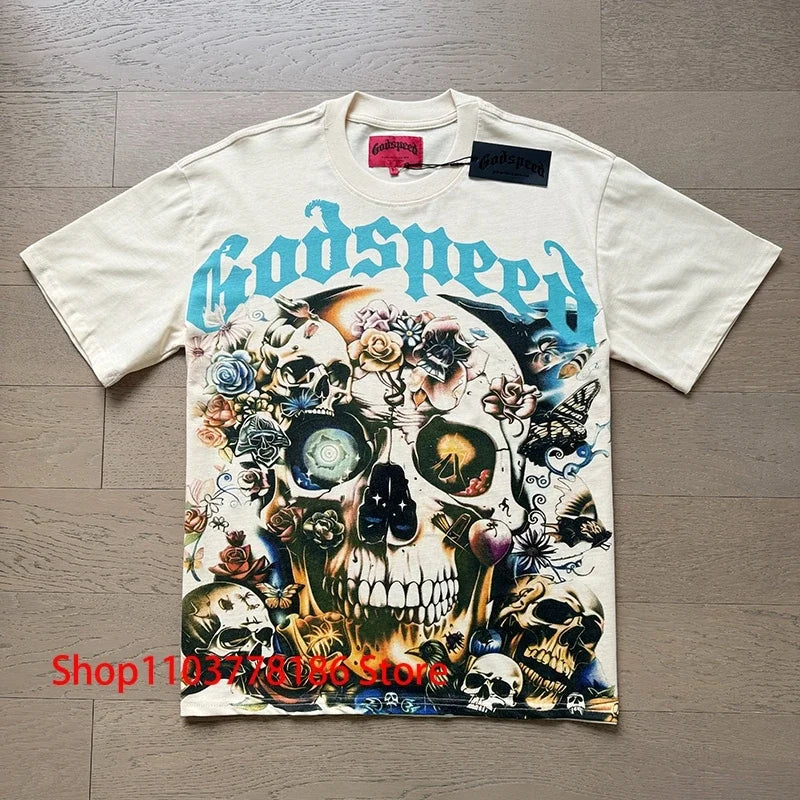 Godspeed Short Sleeve T-shirt Personality Trend Hip-hop Multi-style Fashion Print Top Tee American Streetwear Men's Clothing