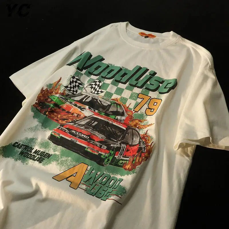 Harajuku 90s Retro Print Racing Cars Graphic Oversized Women Tshirt Hip Hop Short Sleeve T-Shirt Mens Cotton Tops Y2K Streetwear