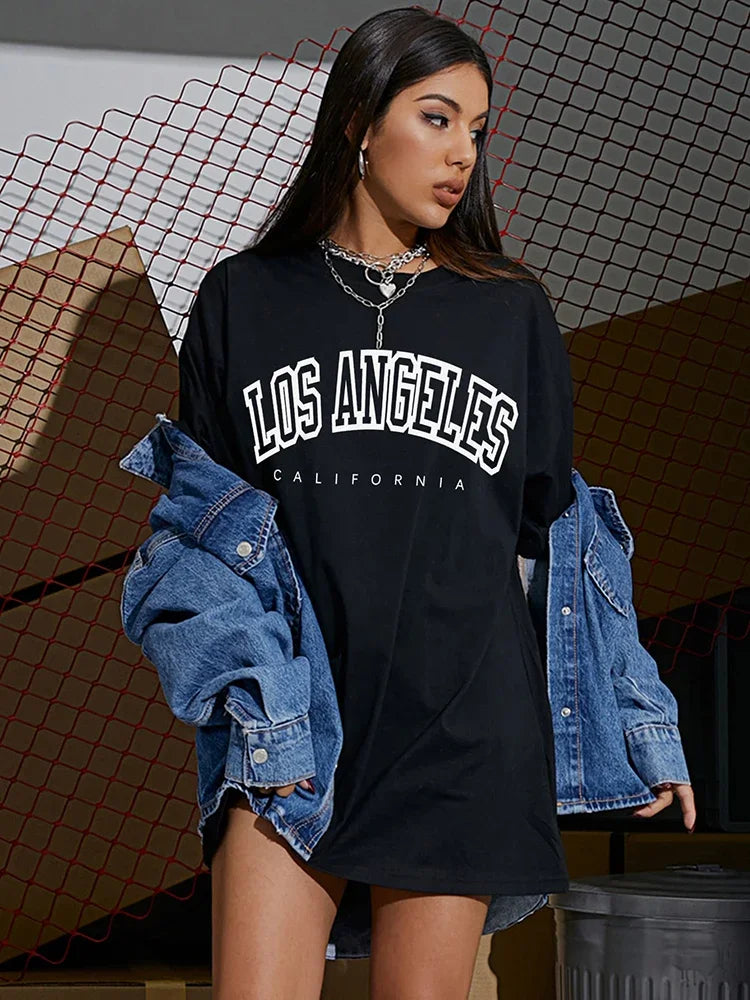 Top Y2k Los Angeles Street Personality Printed T-Shirts Women O-Neck Breathable Tops Loose Oversized Female T Shirt