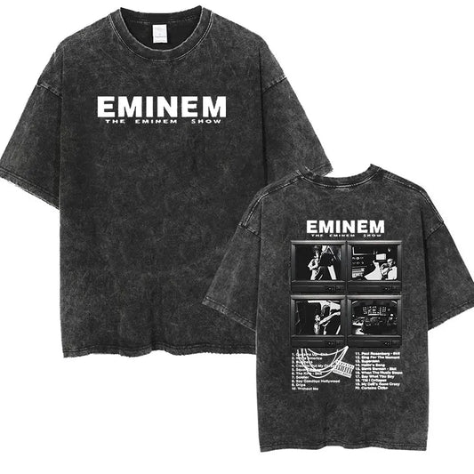 90s Rapper Eminem World Tour Music Graphic T Shirts Men's Cool Hip Hop Vintage Washed Oversized T-shirt Unisex Gothic Streetwear