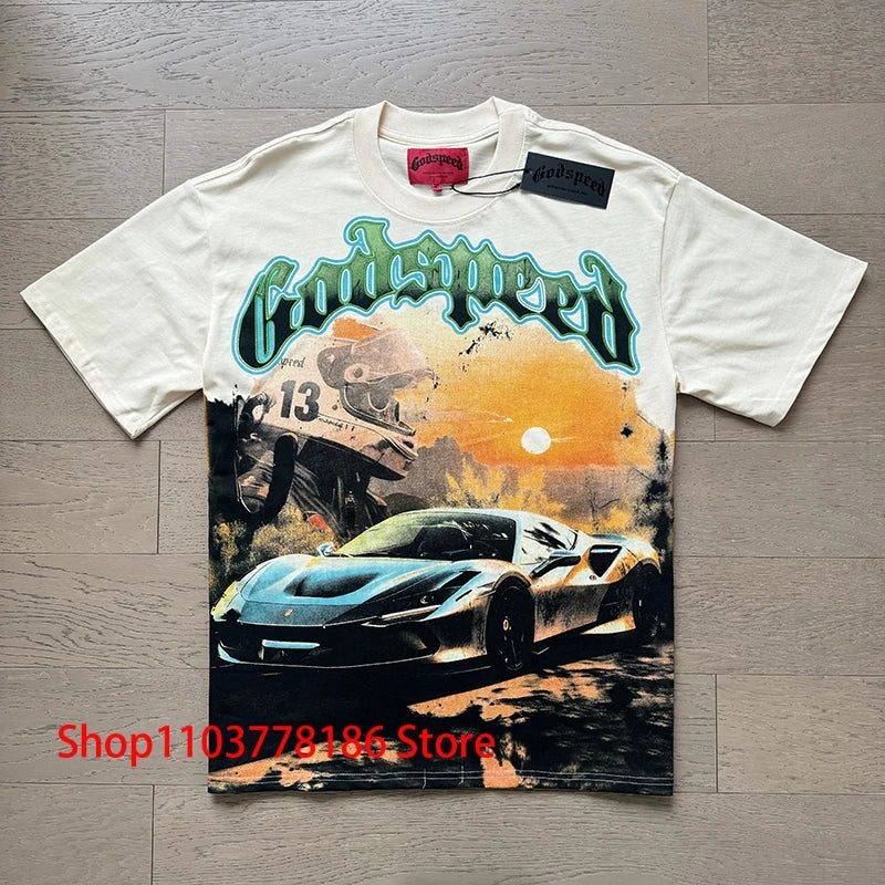 Godspeed Short Sleeve T-shirt Personality Trend Hip-hop Multi-style Fashion Print Top Tee American Streetwear Men's Clothing