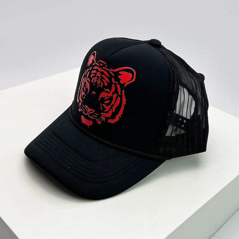 New Fashion Men Women Printed Letter Tiger Baseball Caps Breathable Sunshade Versatile Half Mesh Hats Hip Hop Cartoon Trend ins