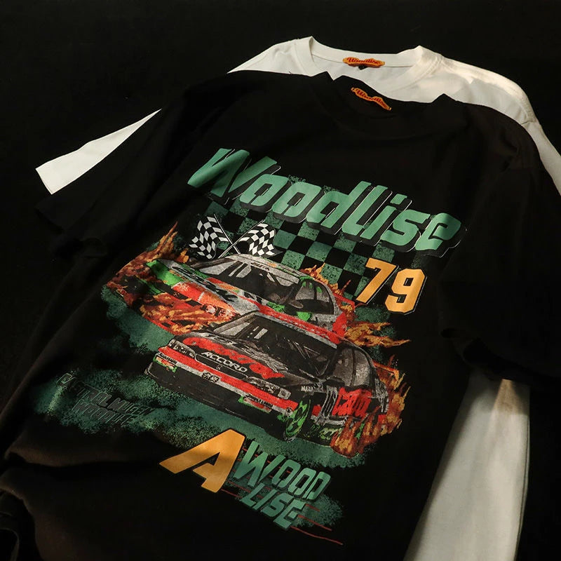 Harajuku 90s Retro Print Racing Cars Graphic Oversized Women Tshirt Hip Hop Short Sleeve T-Shirt Mens Cotton Tops Y2K Streetwear