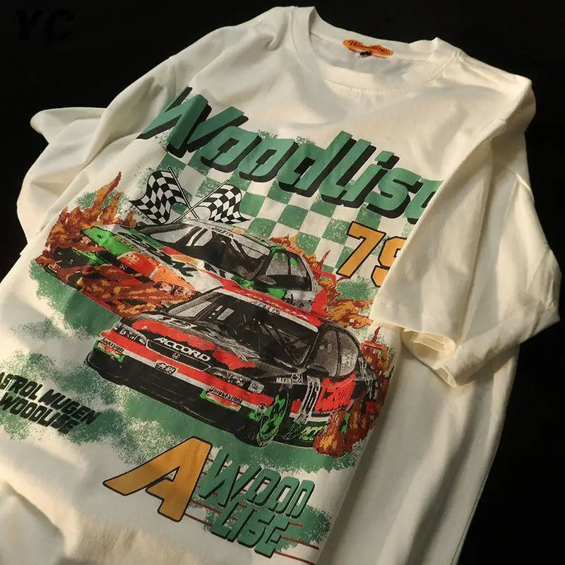 Harajuku 90s Retro Print Racing Cars Graphic Oversized Women Tshirt Hip Hop Short Sleeve T-Shirt Mens Cotton Tops Y2K Streetwear