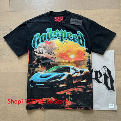 Godspeed Short Sleeve T-shirt Personality Trend Hip-hop Multi-style Fashion Print Top Tee American Streetwear Men's Clothing