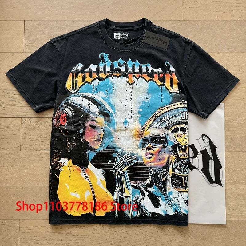 Godspeed Short Sleeve T-shirt Personality Trend Hip-hop Multi-style Fashion Print Top Tee American Streetwear Men's Clothing