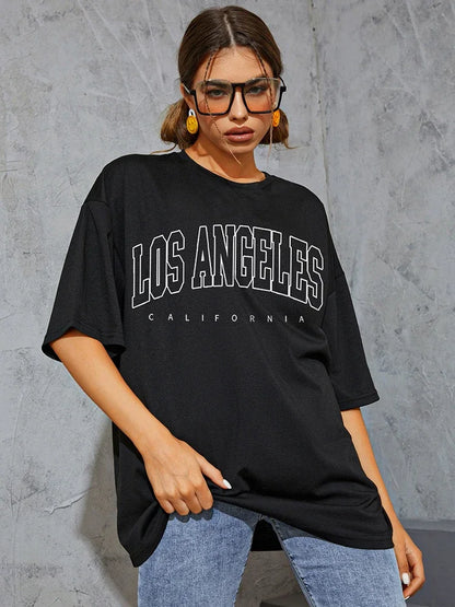 Top Y2k Los Angeles Street Personality Printed T-Shirts Women O-Neck Breathable Tops Loose Oversized Female T Shirt