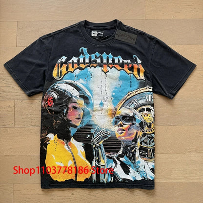 Godspeed Short Sleeve T-shirt Personality Trend Hip-hop Multi-style Fashion Print Top Tee American Streetwear Men's Clothing