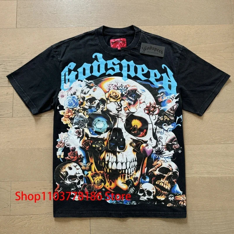 Godspeed Short Sleeve T-shirt Personality Trend Hip-hop Multi-style Fashion Print Top Tee American Streetwear Men's Clothing