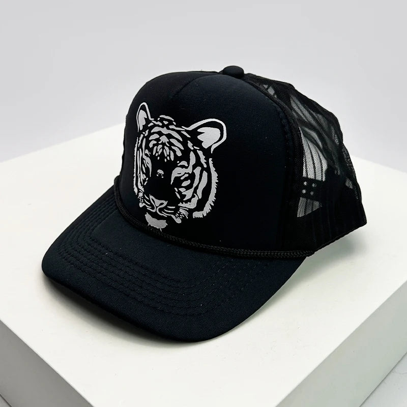 New Fashion Men Women Printed Letter Tiger Baseball Caps Breathable Sunshade Versatile Half Mesh Hats Hip Hop Cartoon Trend ins