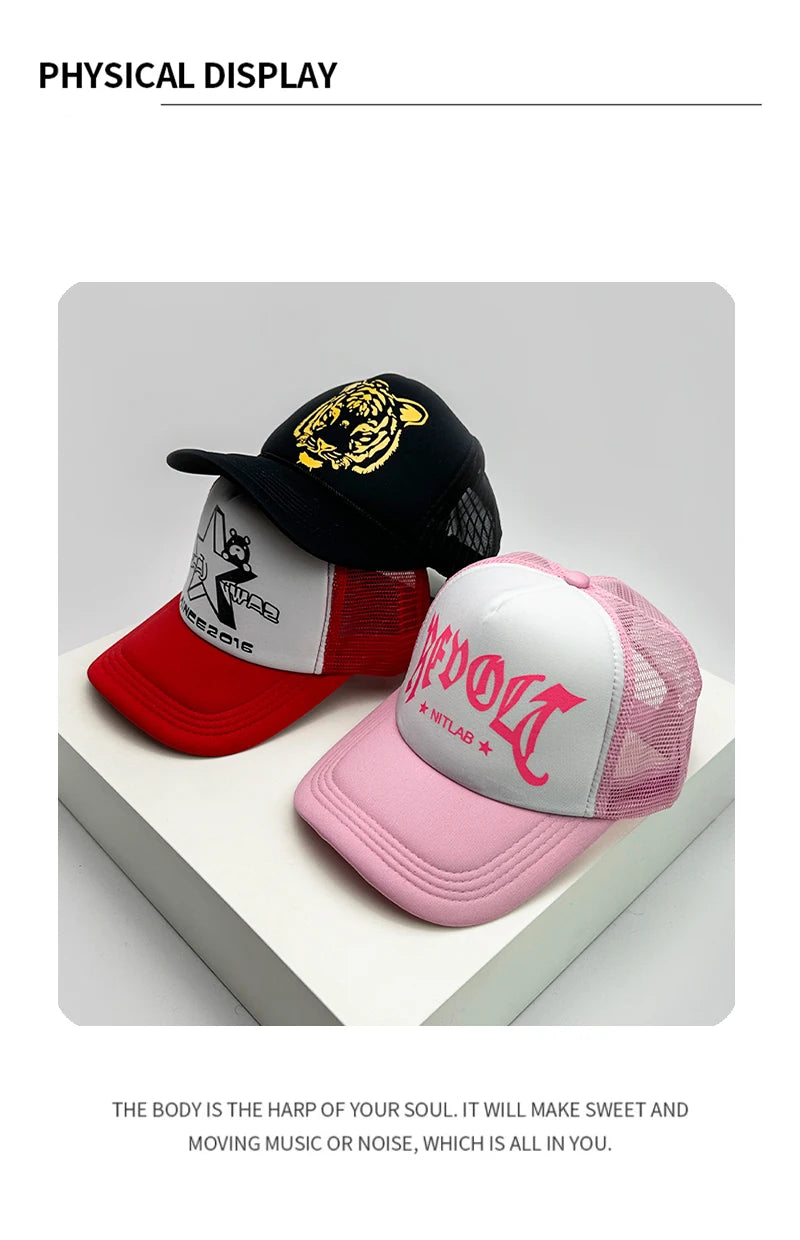 New Fashion Men Women Printed Letter Tiger Baseball Caps Breathable Sunshade Versatile Half Mesh Hats Hip Hop Cartoon Trend ins