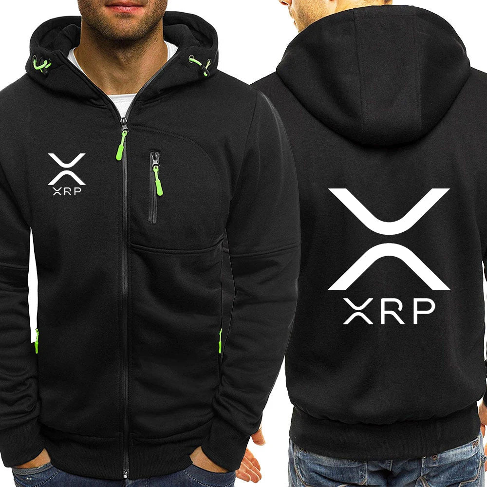 2025 Spring Autumn Men's Cryptocurrency Ripple XRP Logo Print Personality High-Quality Long Sleeve Zip Streetwear Hooded Hoodies