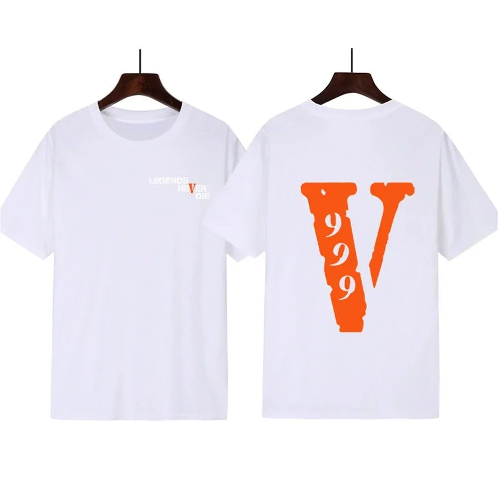 Cross Border European American Tshirt Trendy Brand Vlone Unisex Large V Printed Hip-hop T Shirt Street Versatile Garden T-shirt