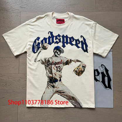 Godspeed Short Sleeve T-shirt Personality Trend Hip-hop Multi-style Fashion Print Top Tee American Streetwear Men's Clothing