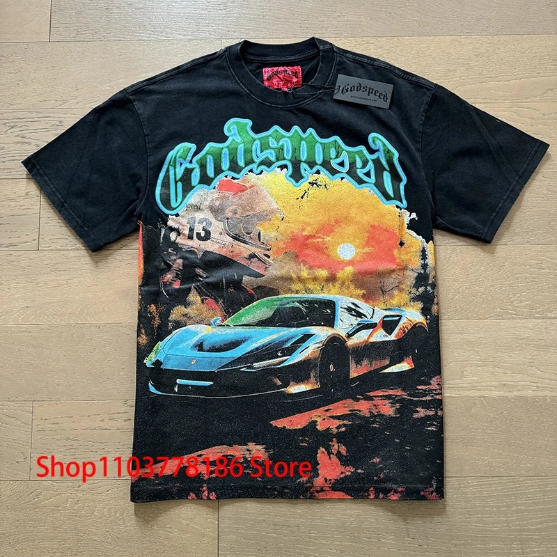 Godspeed Short Sleeve T-shirt Personality Trend Hip-hop Multi-style Fashion Print Top Tee American Streetwear Men's Clothing