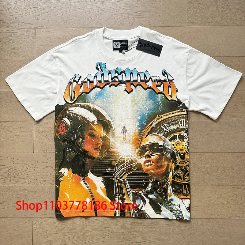 Godspeed Short Sleeve T-shirt Personality Trend Hip-hop Multi-style Fashion Print Top Tee American Streetwear Men's Clothing