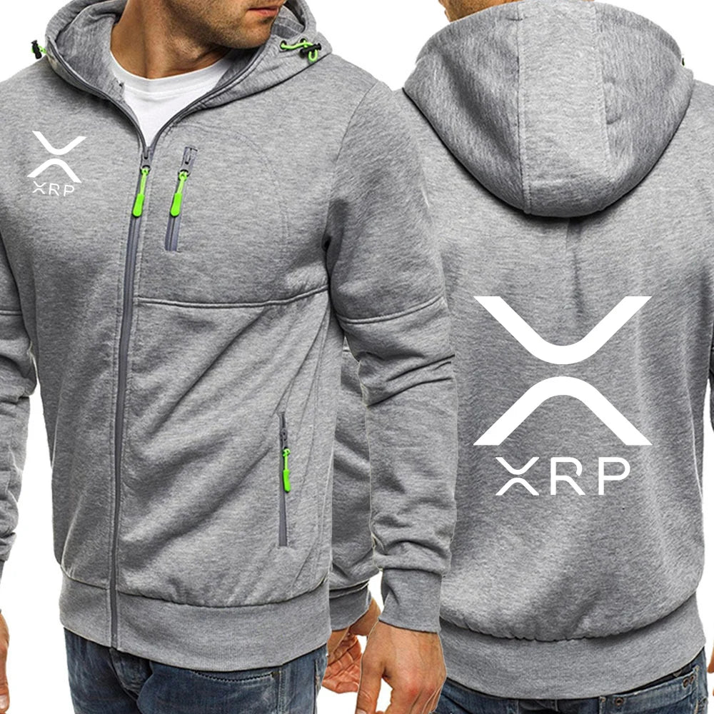 2025 Spring Autumn Men's Cryptocurrency Ripple XRP Logo Print Personality High-Quality Long Sleeve Zip Streetwear Hooded Hoodies