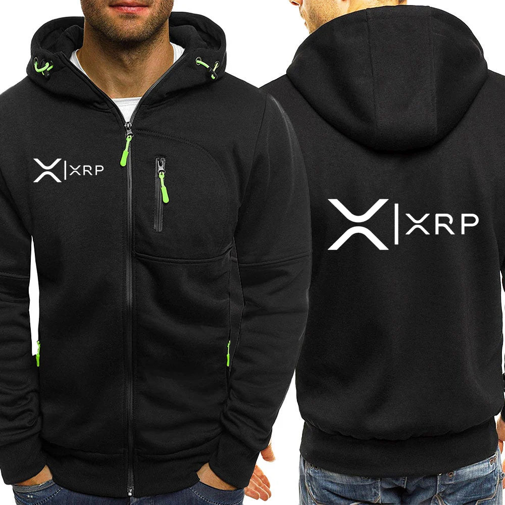 2025 Spring Autumn Men's Cryptocurrency Ripple XRP Logo Print Personality High-Quality Long Sleeve Zip Streetwear Hooded Hoodies