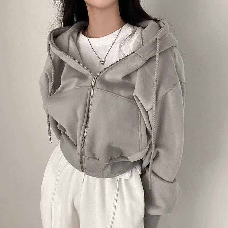 Autumn Winter Hooded Hoodies Women Casual Streetwear Zip Up Sweatshirts Long Sleeve Jackets Harajuku Y2K Crop Tops Hood Shirt