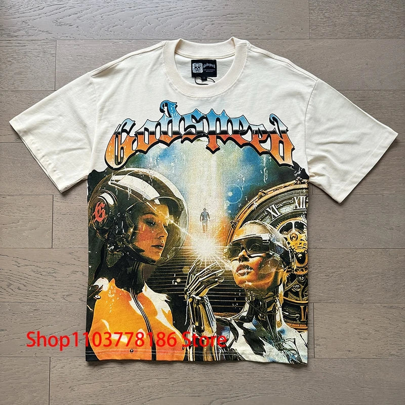 Godspeed Short Sleeve T-shirt Personality Trend Hip-hop Multi-style Fashion Print Top Tee American Streetwear Men's Clothing