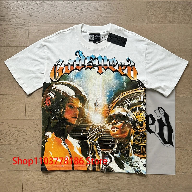 Godspeed Short Sleeve T-shirt Personality Trend Hip-hop Multi-style Fashion Print Top Tee American Streetwear Men's Clothing